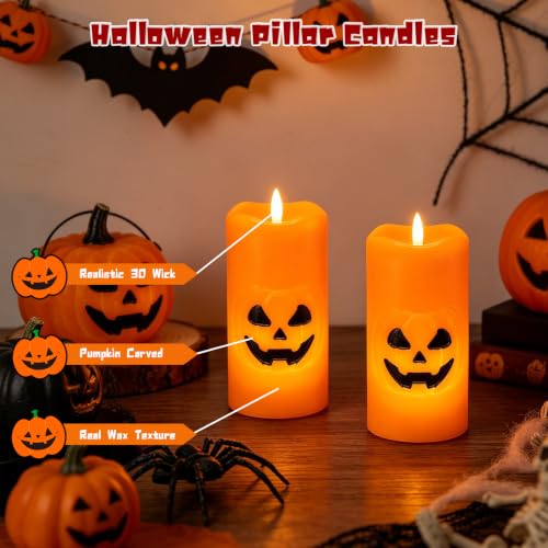 2 Pack Halloween Pumpkin Flameless LED Candles with 6 Hour Timer - Spooky Indoor Decor