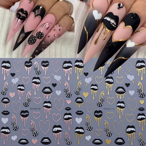Valentine's Nail Art Stickers Decals - Lips Hearts French 3D Self-Adhesive - Valentine Style-02