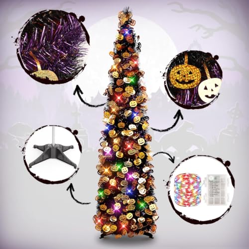 Halloween Tree Decorations with Lights - 5FT Black Purple Collapsible Tinsel Tree with Pumpkins & 8 Lighting Modes