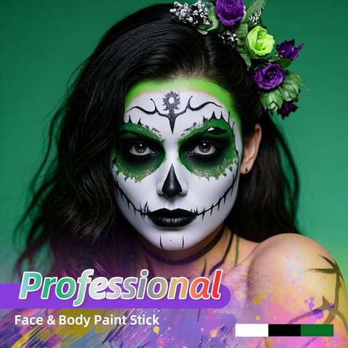 3-Pack Body Paint for Halloween Cosplay - Black, Green, White, 3.03 Fl Oz