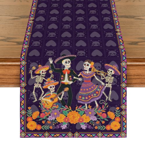 Mexican Sugar Skull Day of the Dead Table Runner - Colorful 13x72 Inch Home Decor