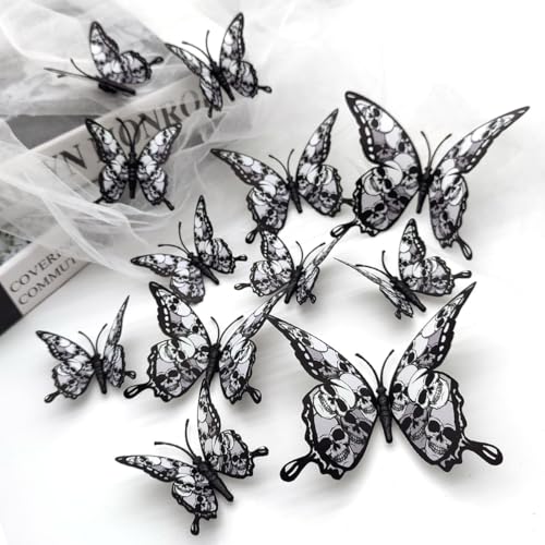 Halloween Wall Sticker Butterfly Decals with Skull Design - 24PCS Black Bats Variation