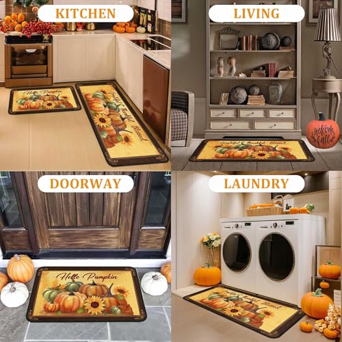 Fall Pumpkin Sunflower Kitchen Rugs Set of 2 Brown 17x47 & 17x30 Inches - Thanksgiving Decor