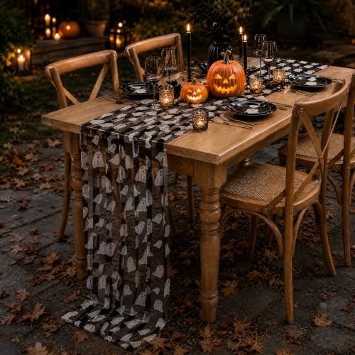 Halloween Ghost Table Runner 29x120 Inches Black Tulle Decor - Variation of Ghost / 29x120-1 pc