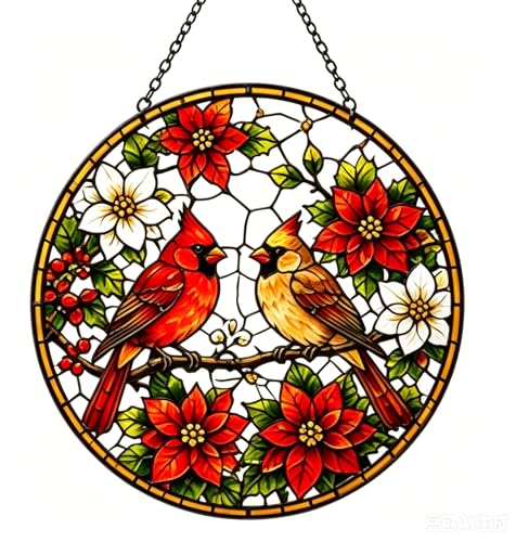 Red Birds Stained Glass Window Hanging Ornament - Suncatcher for Doors & Home Decor - Variation 7.8in