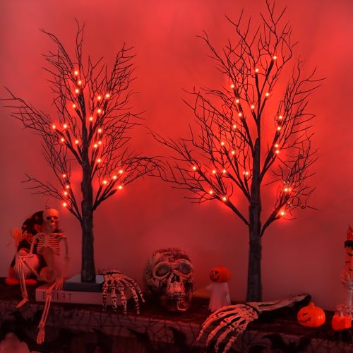 Indoor Halloween Spooky Tree Lights 24 Inch 2 Pack with Orange Red LED & Timer - Battery & USB Operated Decor