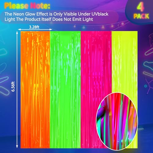 Glow in The Dark Neon Party Supplies - 4-Pack Fluorescent Curtain Set - Orange, Green, Yellow, Pink