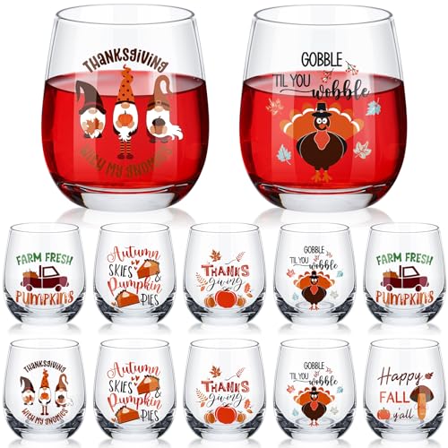 Fall Thanksgiving 12 oz Stemless Wine Glasses Set - 12 Pcs Festive Design