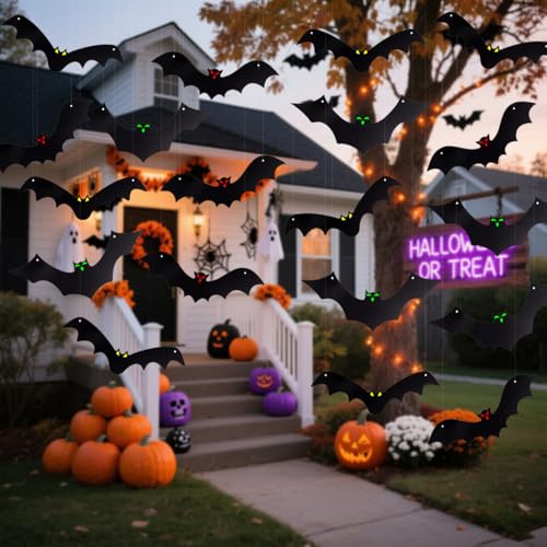 18Pcs Halloween 3D Hanging Bat Decorations with Glow Eyes Outdoor Spooky Set