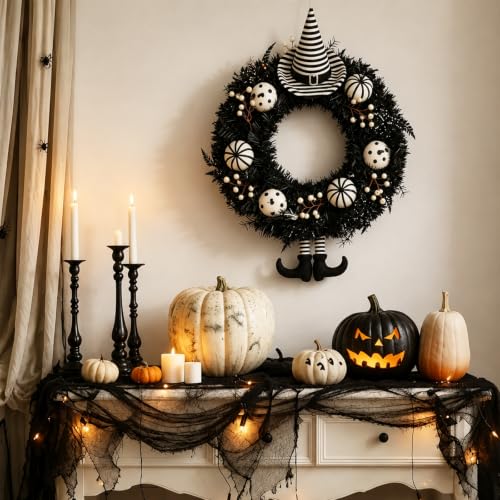 Halloween Wreath with Striped Hat and Legs - 22 Inch Gothic Front Door Decor (Variation: Hat Legs / 22")