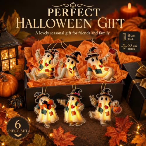 Halloween Ghost Hanging Ornaments Set - 6 Acrylic Patchwork Tree Decorations - Ghost-a-1233