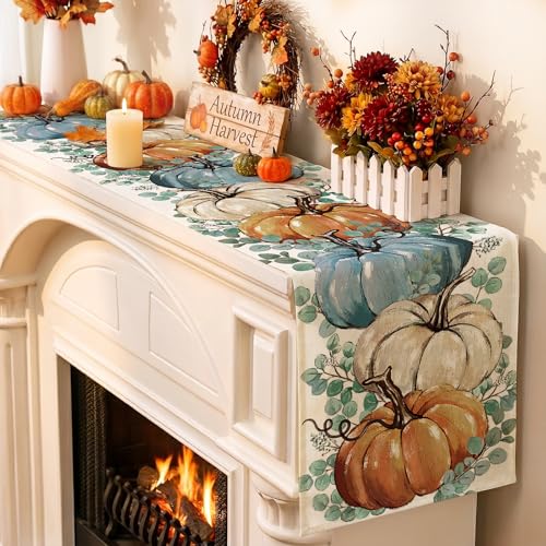 Eucalyptus Fall Pumpkins Table Runner - 13x72 Inch Autumn Thanksgiving Decor
