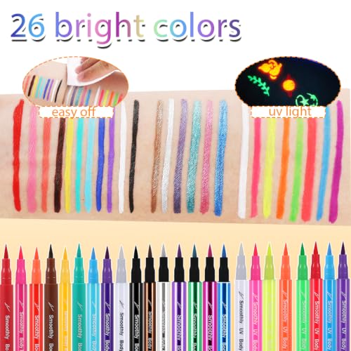 Face Painting Markers Set - 26 Colors with Stencils, Glitter & Neon for Kids & Adults