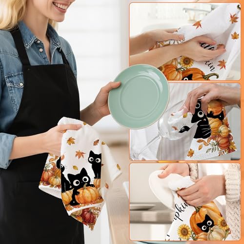 Hexagram Fall Kitchen Towels Set - Black Cat & Pumpkin Design, 18 x 28 Inches