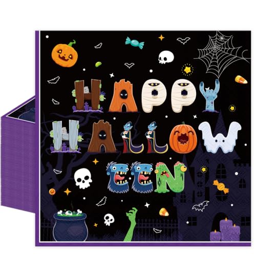 Black Halloween Napkins 50 Pack - Cute Monster & Pumpkin Party Table Decor Variation