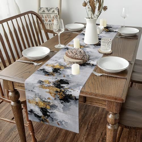 Jejeloiu Gold Black Grey Table Runner 13 x 120 Inches for Dining & Decor