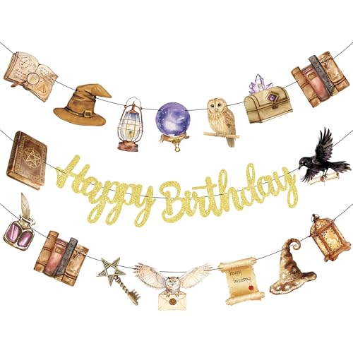 Gold Glitter Wizard Happy Birthday Banner 3-Pack - Fantasy Magic Party Decorations