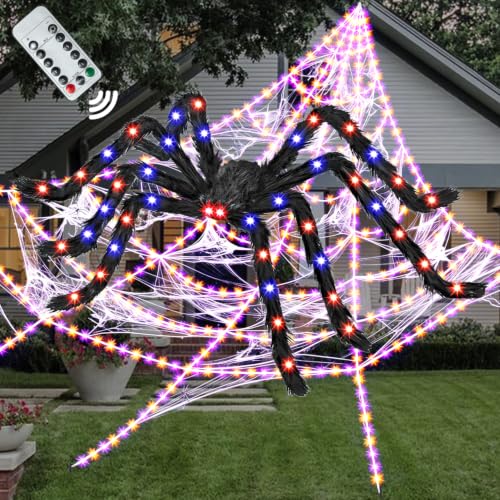 Outdoor Halloween Lighted Spider & Web Decor Set - Orange & Purple, Includes Spider & Mini Spiders