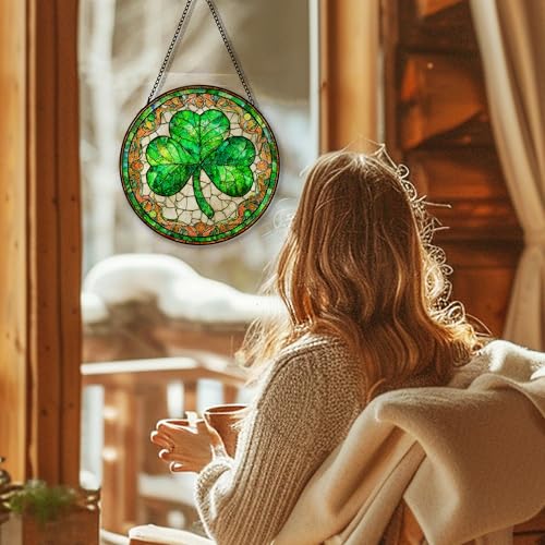 Irish Green Shamrock Sun Catcher - Stained Glass Window Hanging, Lucky Clover Decor - 7.8 Inch - Variation: Shamrock