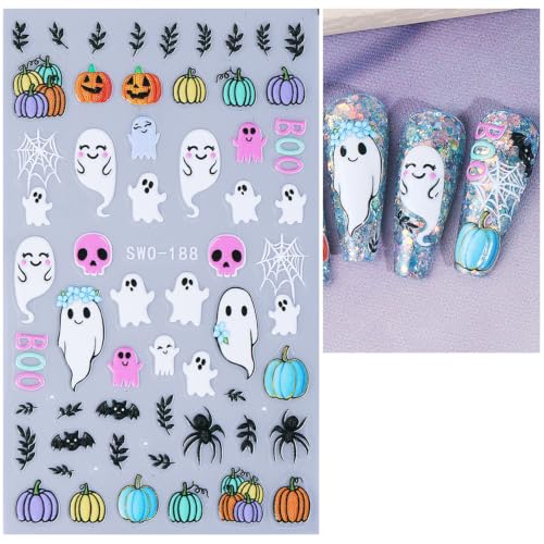 Halloween Nail Stickers - Cute Ghost Spider Pumpkin Bat Skull 3D Decals for DIY Manicure