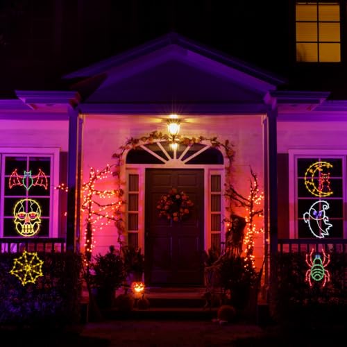 16-Inch Halloween Window Silhouette Lights with Spider Web, Ghost, Bats, Skull, Cat on Moon - 6 Pack