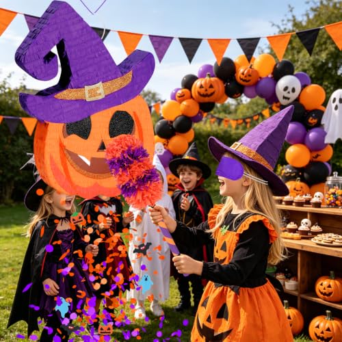 Funny Pumpkin Halloween Piñata with Witch Hat - Large 20 Inch Party Game Set