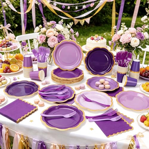 Purple Party Plates and Napkins Set for 48 Guests - Purple / 48 Set