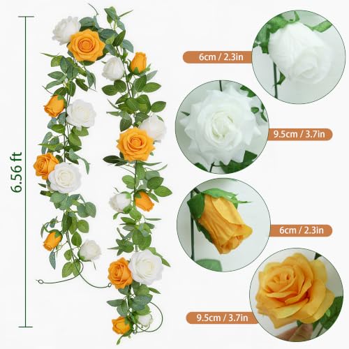GREENTIME 2-Pack Orange White Flower Garland - 6.5Ft Rose Vine Decor