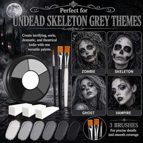 Skeleton Makeup Kit - Face & Body Paint Palette with 3 Brushes & Sponges - 09 Grey