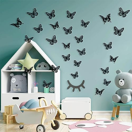 Halloween Black Butterfly Wall Decor - 48Pcs 2 Styles 3 Sizes Butterfly Stickers - 3D Paper Decals for Party & Home
