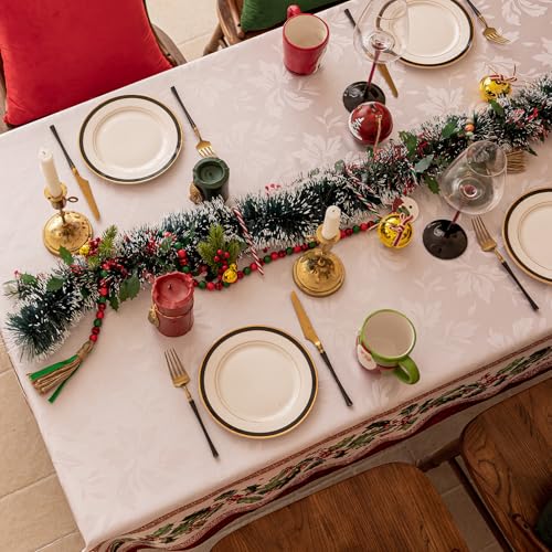 Holly Christmas Jacquard Rectangle Tablecloth - 60 x 120 Inch, Holiday Decor