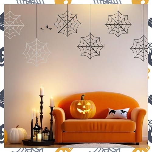 Halloween Hanging Spider Web Decorations - Fake Cobweb Ornaments for Indoor Outdoor Use - Pack of 12