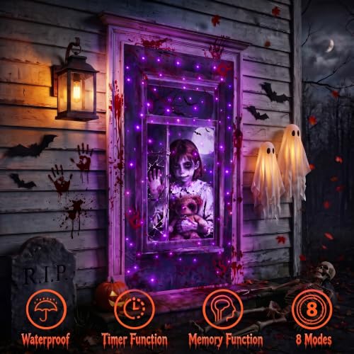 Purple Halloween Door Cover with Lights 37x81 Inch - 8 Modes, Weatherproof, Timer