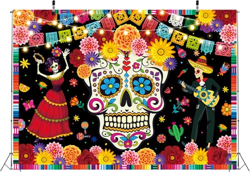 Day of The Dead Photo Backdrop Mexican Fiesta Sugar Skull Flowers - 8x6FT