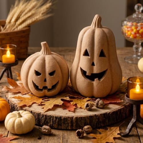 Handmade Terracotta Pumpkin Decorations Set - Halloween & Fall Decor, 2 Pcs