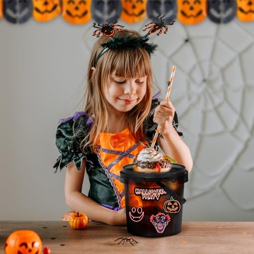 Halloween Candy Buckets Set - 20 Plastic Trick-or-Treat Baskets with Lids, Straws & Stickers