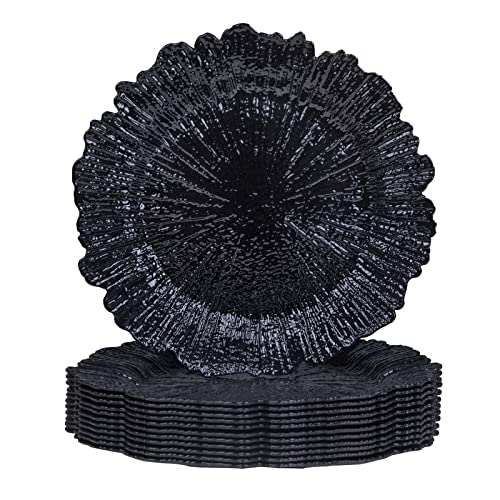 Black Charger Plates Set of 12 - Reef Design 13 Inch Dinnerware