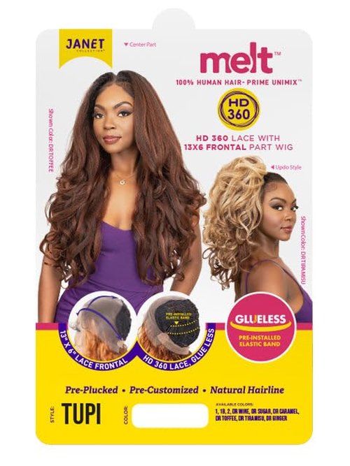 Janet Collection melt HD 360 HUMAN HAIR BLEND PRIME UNIMIX Hand-Tied 13X6 Frontal Baby Hair Transparent Lace GLUELESS TUPI WIG With SOFT YAKY TEXTURE. (COLOR# DR TOFFEE)