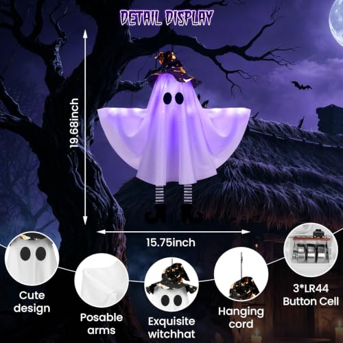 Halloween Ghost Decorations Outdoor Indoor Purple Set with Witch Hat & 3 Light Modes - Hanging Spooky Decor with DIY Arms