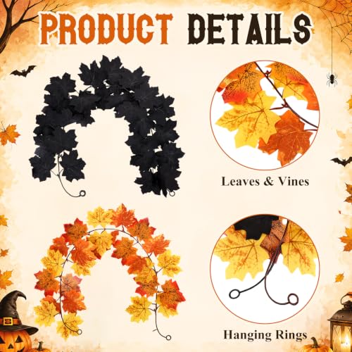 Halloween Garland Set - 8 Black and Orange Maple Leaf Garlands 26ft Fall Decor