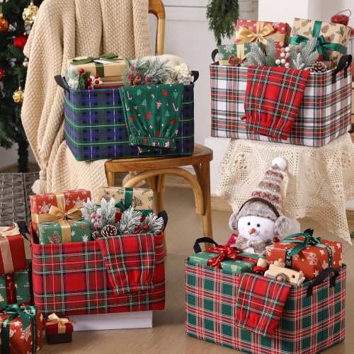 Christmas Plaid Storage Baskets Set - Collapsible Gift Bins with Handles - 4 Styles, Durable Waterproof Polyester