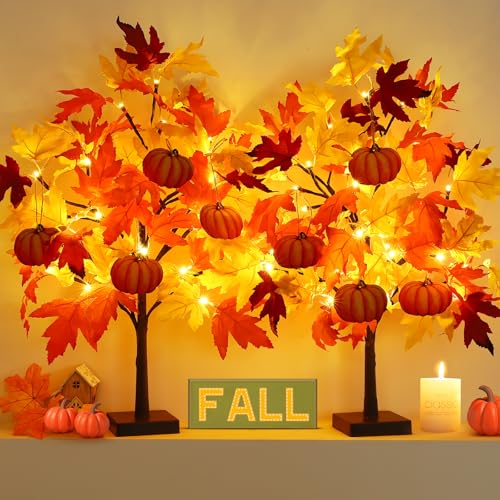 24-Inch Fall Maple Tree Lights Set with Pumpkin Ornaments - Battery & USB Powered Decor