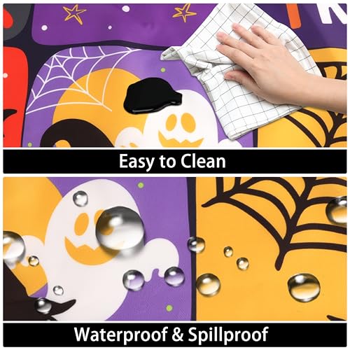 Halloween Round Fitted Tablecloth with Elastic Pumpkin Ghost Bat Web Waterproof 52 Inch Purple