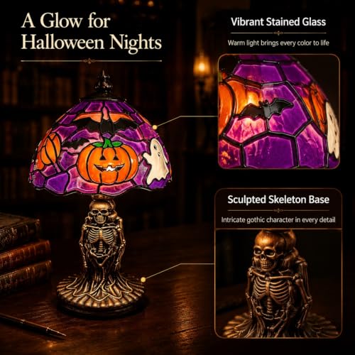Skeleton Table Lamp - Handcrafted Halloween Painted Lamp with Bat and Pumpkin Motif