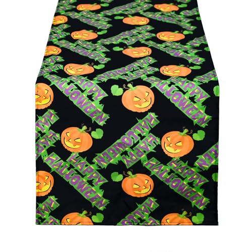 Ghost Face Pumpkin Black Halloween Table Runner - 13x60 Inch Spooky Kitchen Decor, Green & Black Variation