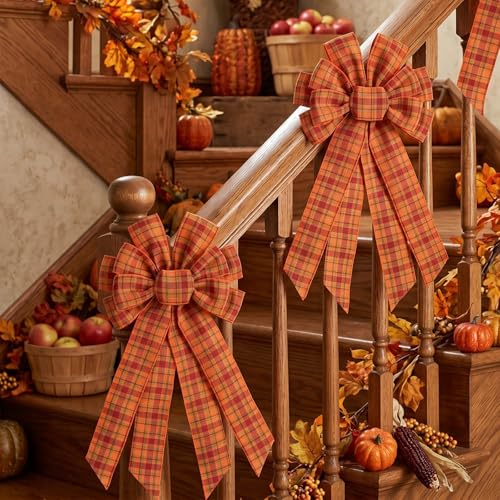 Large Fall Wreath Bow - 20 Inch Orange Plaid Burlap for Front Door & Holiday Decor