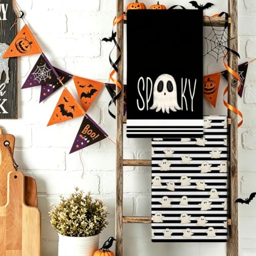 Ghost Striped Halloween Kitchen Towels - Spooky Decorative Dish Towels Set