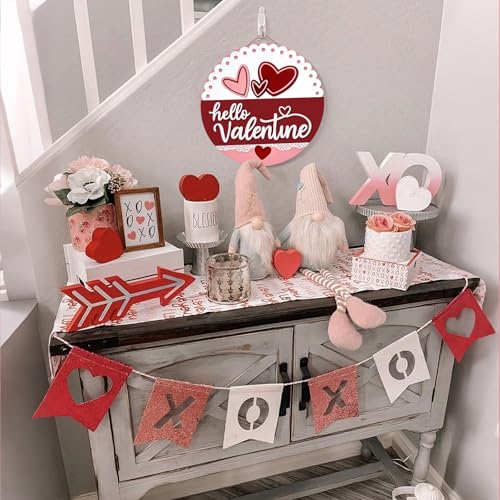 Hello Valentine Door Sign - Red Valentine's Day Hanging Decor, 12x12 Inches
