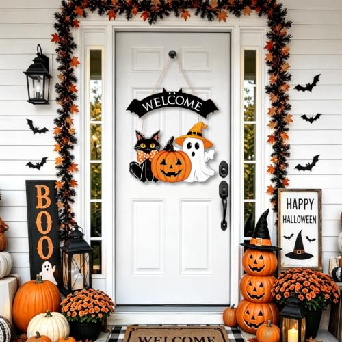 Large Wooden Halloween Ghost Door Wreath - Black & Pumpkin Decor for Front Door