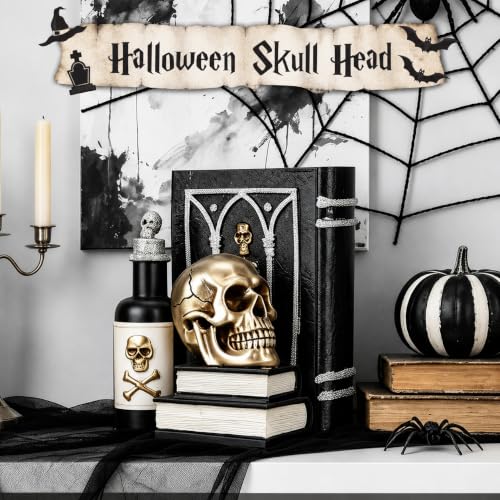 Gothic Gold Skull Book Decor - Halloween Skull Statue, Tabletop Figurine